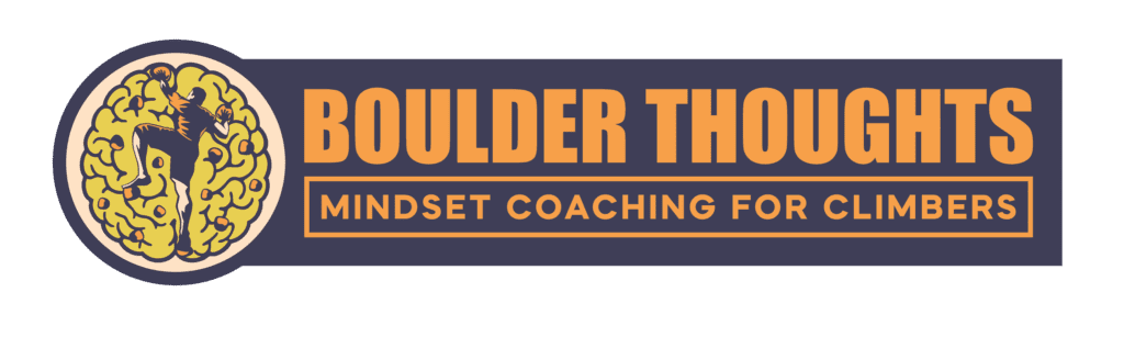 Logo for Boulder Thoughts: Mindset Coaching for Climbers, featuring a yellow brain with a climber silhouette and bold orange text on a dark background.