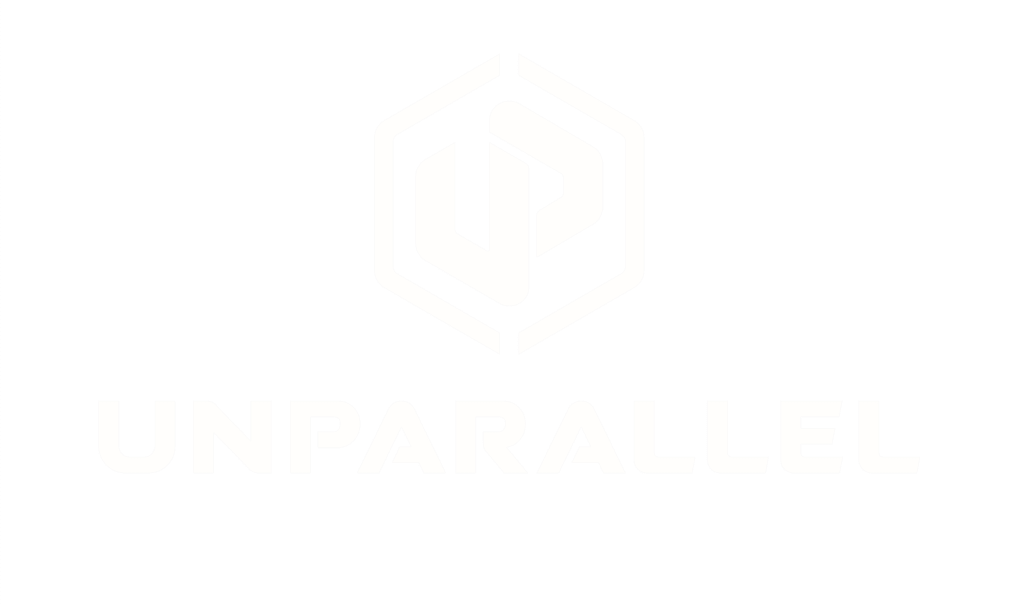 Brand logo: white hexagonal geometric emblem with nested shapes on a black background, with UNPARALLELED text beneath.