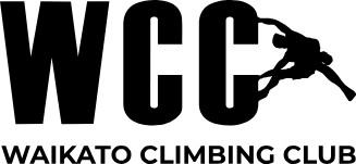Waikato Climbing Club logo featuring bold 'WCC' with a climber silhouette to the right and 'WAIKATO CLIMBING CLUB' text underneath.