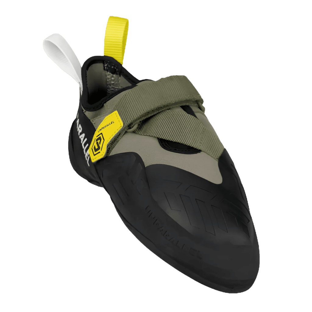 Climbing shoe with black rubber toe, olive upper, Velcro straps, and yellow pull tab at the back.