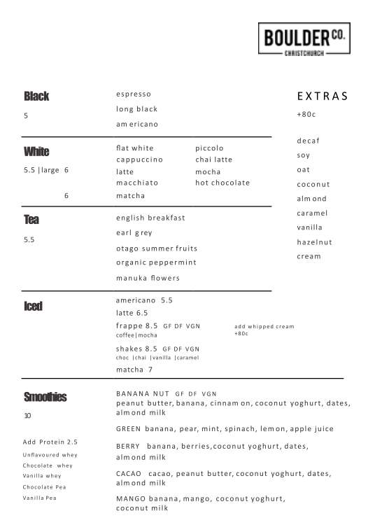 Drink menu from Boulder Co., Christchurch showing sections Black, White, Tea, Iced, Smoothies and Extras with listed beverages and add-ons.
