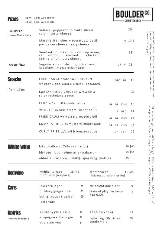 Black-and-white menu page with sections for Pizzas, Snacks, White Wine, Red Wine, Cans, and Spirits at Boulder Co., Christchurch.