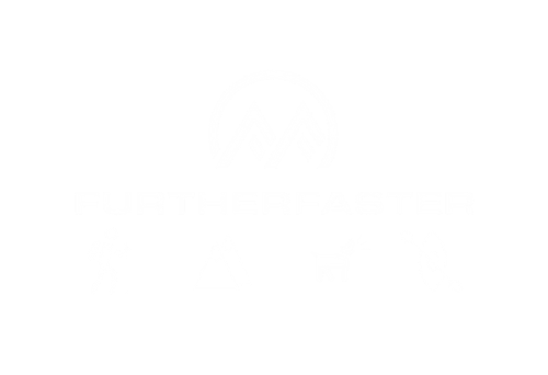 Logo featuring a mountain emblem with the words FURTHER FASTER and four small icons below: a hiker, a tent, an animal figure, and linked rings.