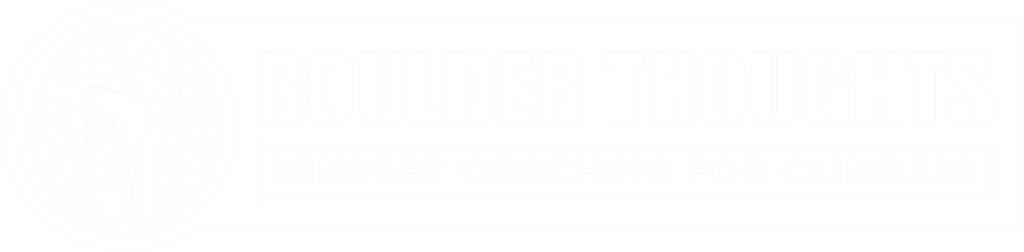 Logo for Boulder Thoughts: Mindset coaching for climbers, featuring a circular brain illustration and climber silhouette beside bold text.
