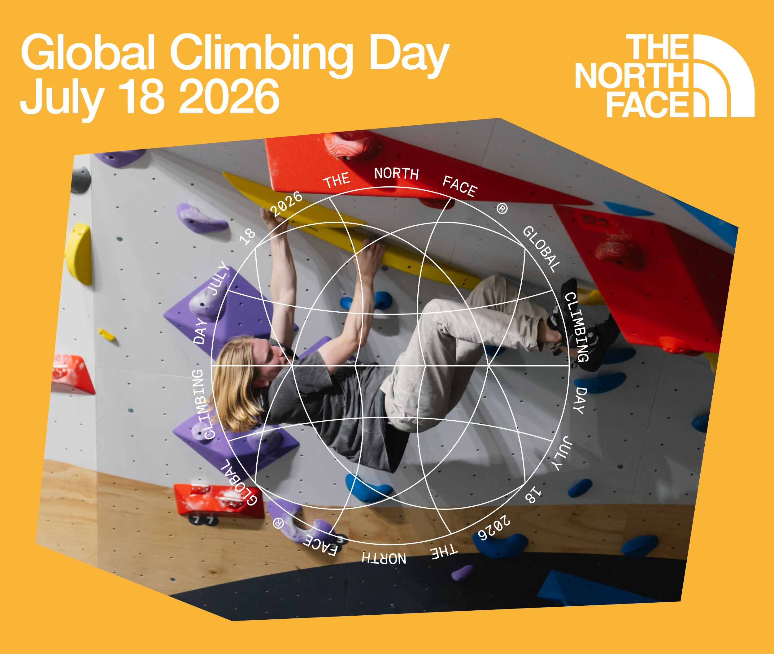 Indoor climbing wall scene with climbers on colorful holds, overlaid by a circular geometric graphic and Global Climbing Day banner in orange.